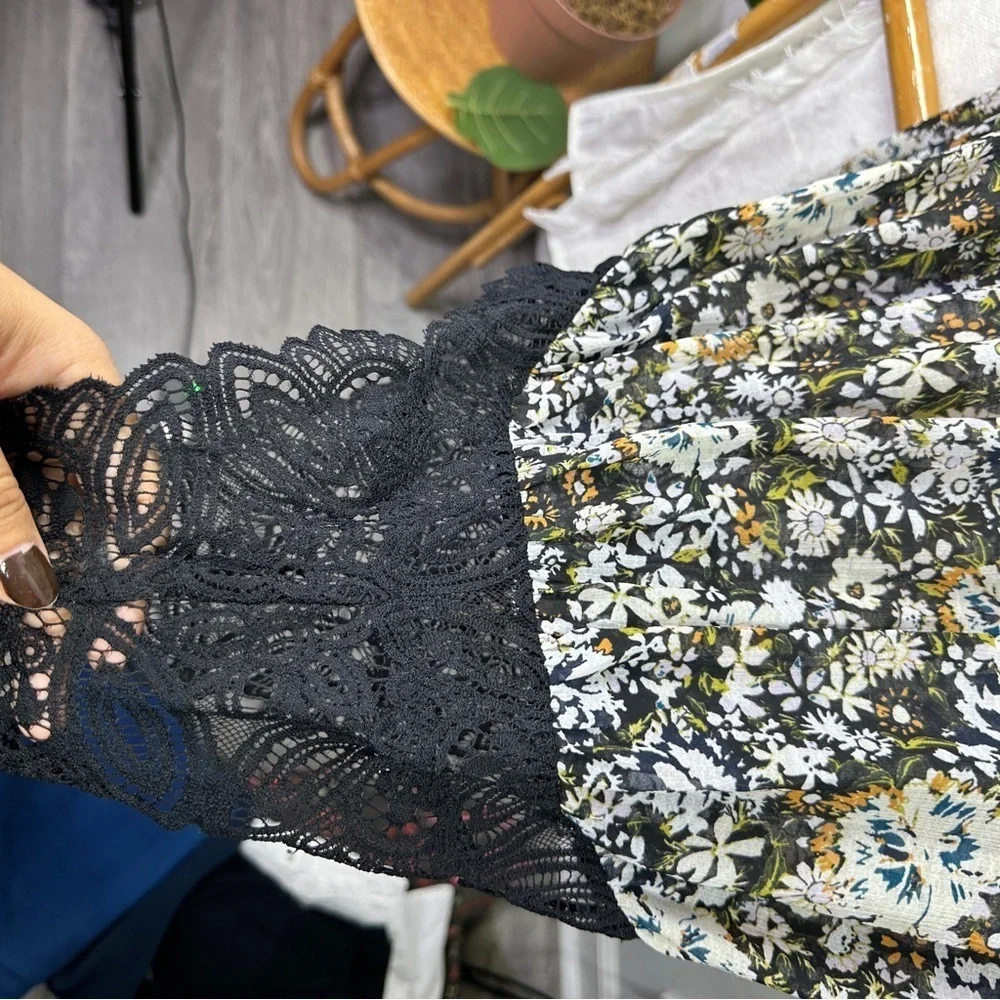 Free People Black Floral Bodysuit sz M